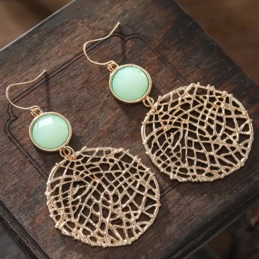 Chic Gold and Mint Green Stone Dangle Earrings - Picture 4 of 6